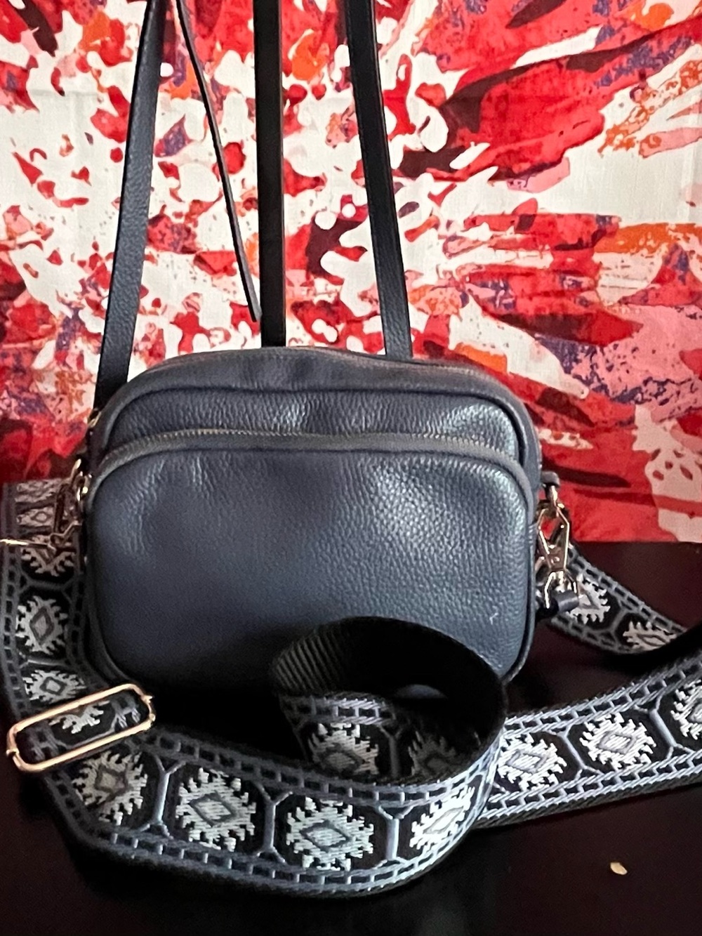 Pom Pom London Navy Crossbody Bag with Patterned Adjustable Strap